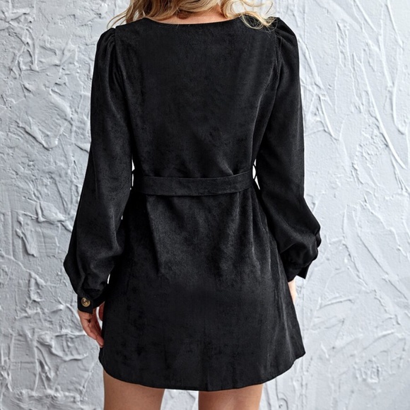 Square Neck Corduroy long sleeve mini dress - BLAC - Picture 4 of 5